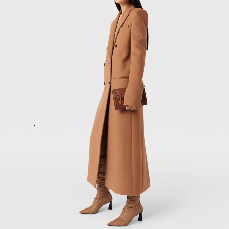 Fashionable Womens Camel Wool Coat AnkleLength Winter Warm Double Breasted n 241010