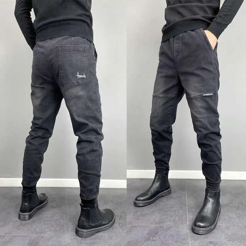 Mens Italian Jeans Black Grey Stretchy Tapered Harem Pants and Embroidered Elastic Waist Casual Trousers 241009