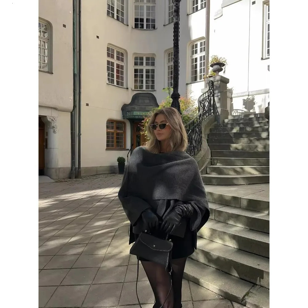 Women Fashion Scarf Decorated Woolen Jacket Casual Solid Long Sleeve Loose Warm Overcoat Autumn Winter Lady Chic Coat 241010