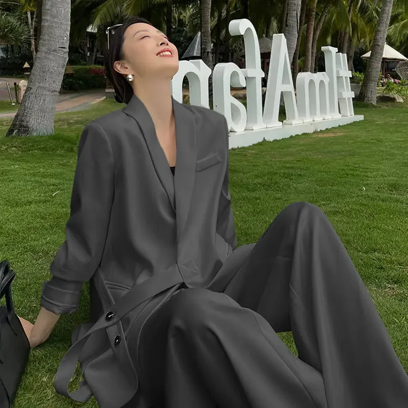 Korean Fashion High end Pants Suit Spring and Autumn Professional Coat Wide Leg White Two piece Set Women Outfits 241007
