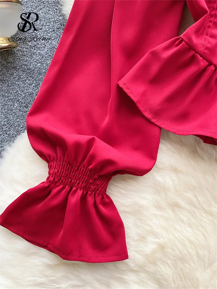 SINGREINY Women Halter Vintage Slim Blouse Autumn Squre Neck Long Sleeves Elastic Waist Chic Top Korean sweet OL Shirt 241019