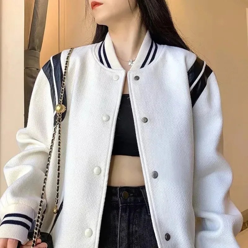 Deep City Korean style white bomber jacket womens streetwear preparatory retro tweed baseball jacket college autumn and winter fashion 241019