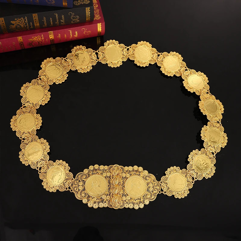 French wealthy gold coins with Algerian womens traditional coffee shop wedding dress with Napoleon pattern royal belt 241019