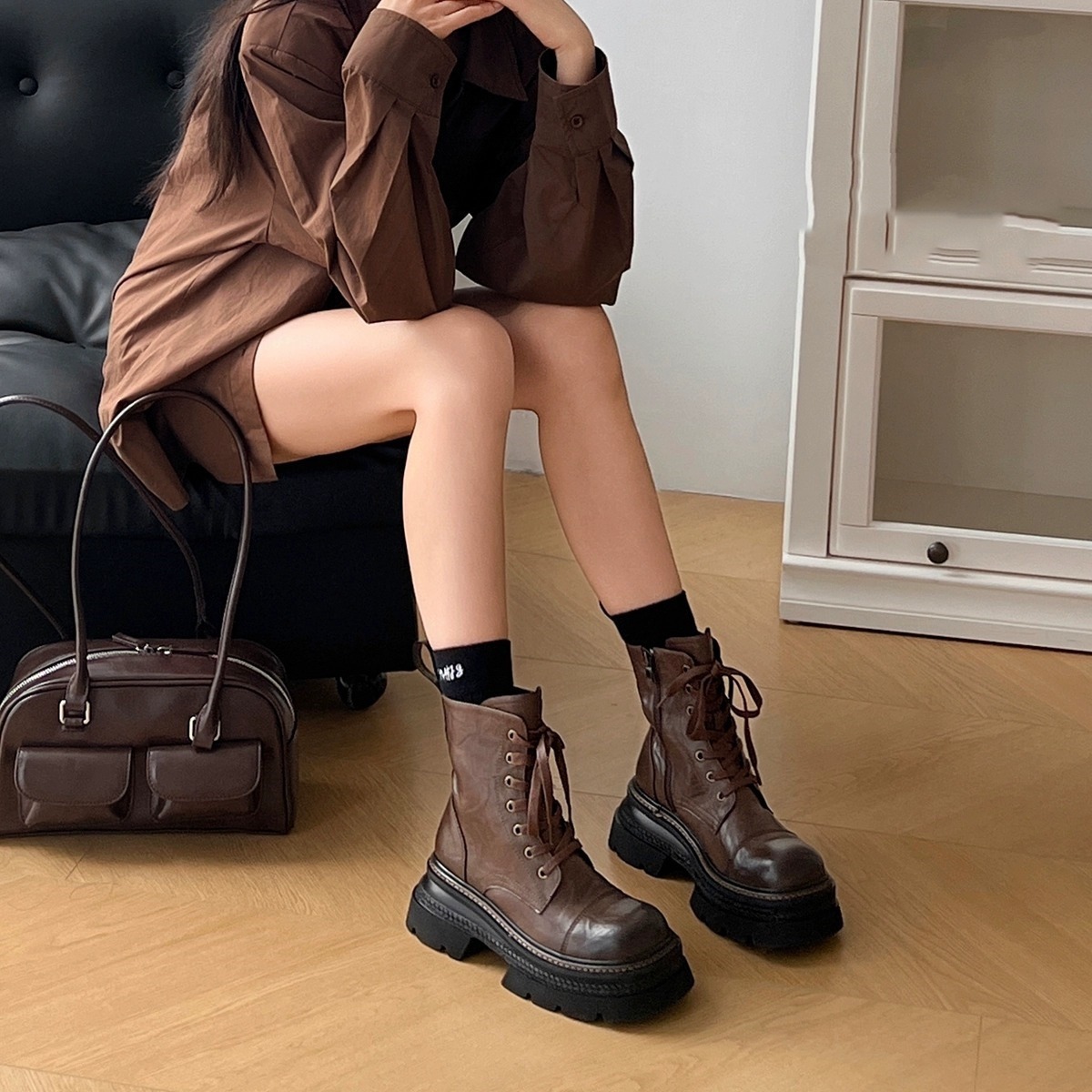 Stylish Women's Fashion Boots: Thick Sole Height-Enhancing Winter Footwear in Triple Black and Brown 8233