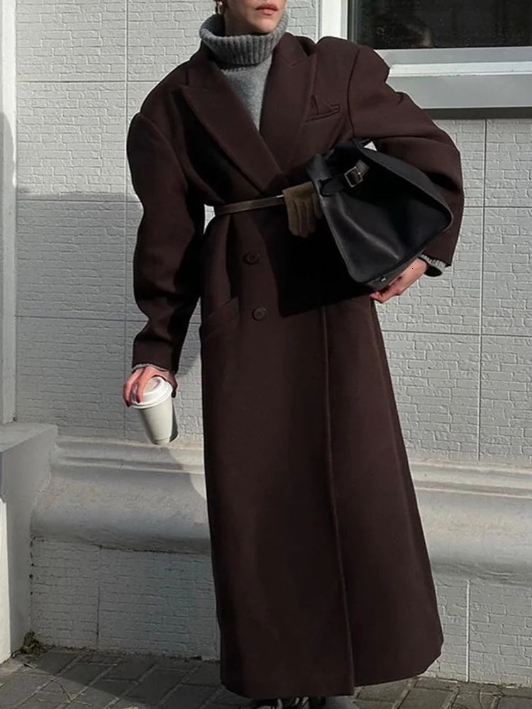 2024 Autumn Winter Streetwear Wool Blends Elegant Fashion Woolen Double Breasted Lapel Overcoat Women Long Sleeve Coats 241010