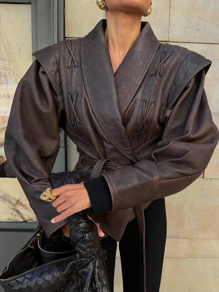 Womens leather bomber jacket with belt notch shoulder pad motorcycle street fashionable short jacket solid lace 241019