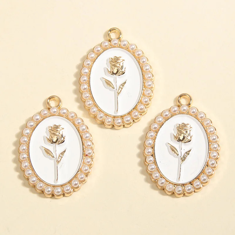5pcs Gold Color 28x20mm Beautiful Enamel Rose Flower Charms Pearl Pendant For DIY Handmade Necklaces Jewelry Making Accessories 241010