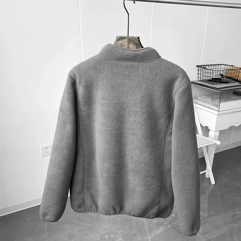 winter wool jacket solid color Sherpa casual jacket thick warm stand up collar zipper outdoor windproof jacket soft and comfortable 241007