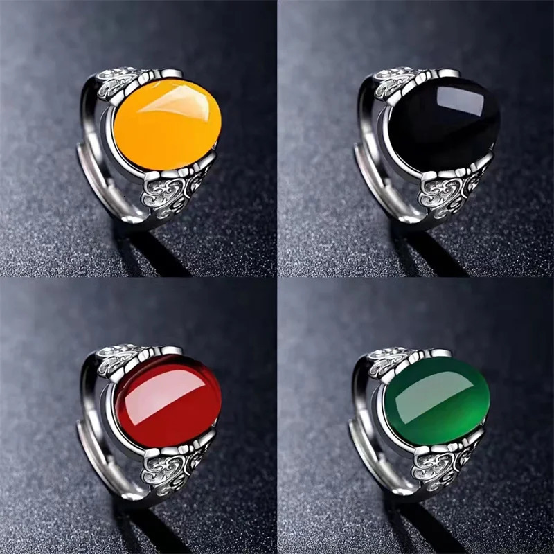 Wus Red Agate Chalcedony Ancient Silver Color Open Ring Female Crown Hollow Butterfly Adjustable 241010