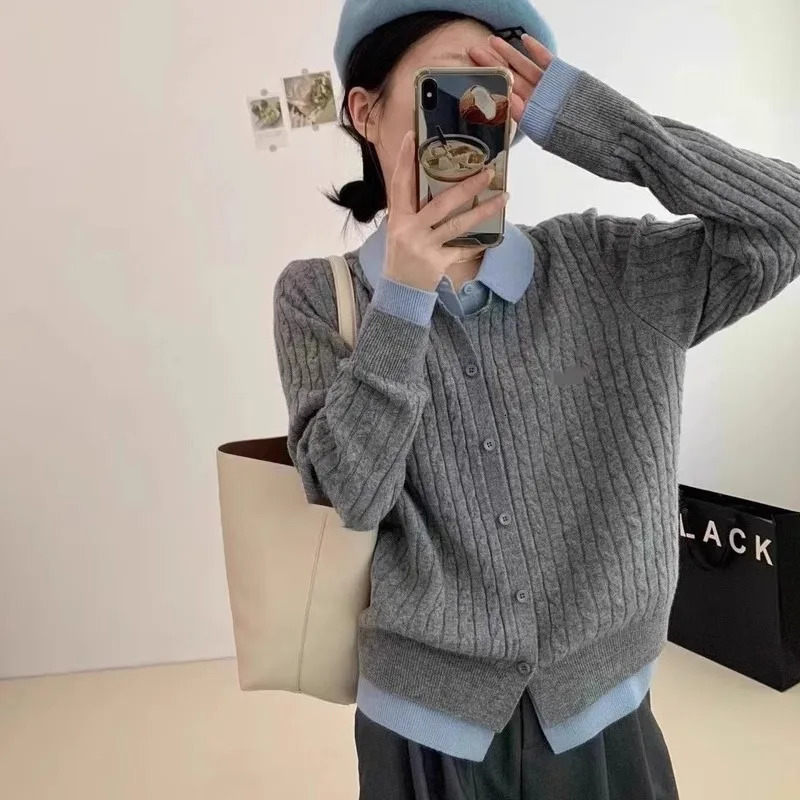 Comparative color lapel sweater womens clothing autumn Korean fashion two-piece knitted cardigan womens sweater 241019