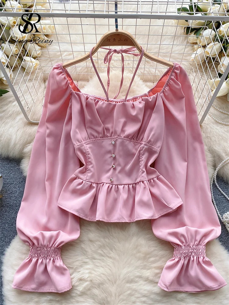 SINGREINY Women Halter Vintage Slim Blouse Autumn Squre Neck Long Sleeves Elastic Waist Chic Top Korean sweet OL Shirt 241019