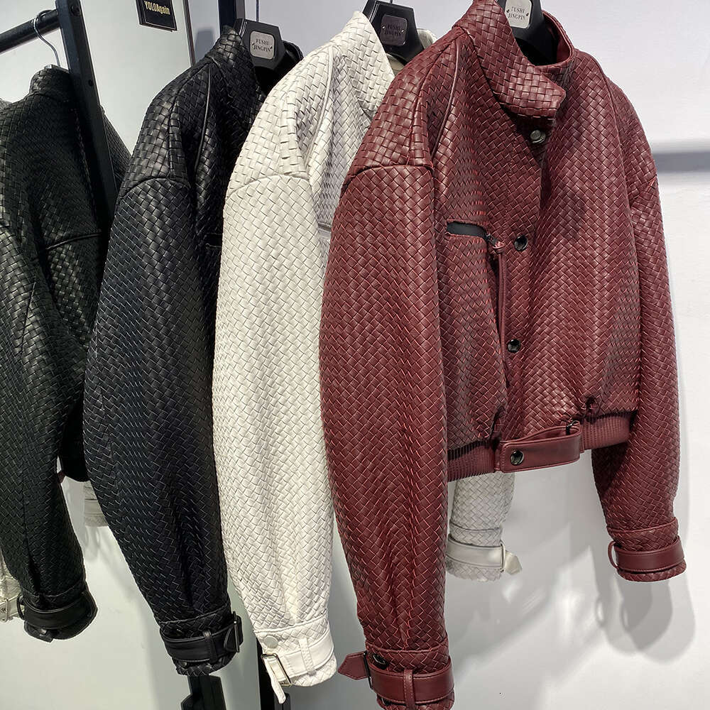 Yoloagain Hand-Woven Oversized Bomber Women Real Leather Jacket Female 250526