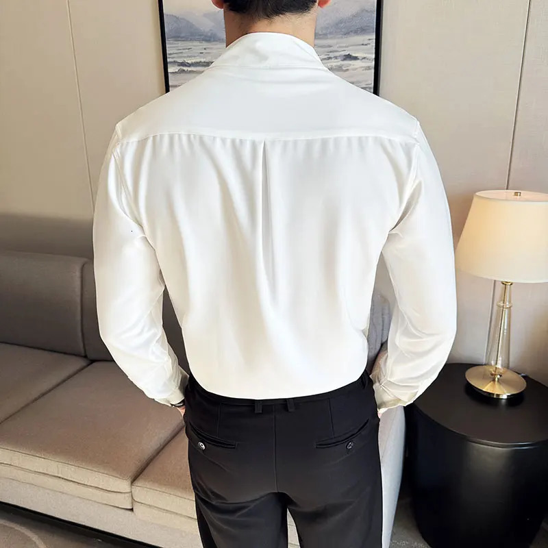 Mens V-neck shirt Spring British style wrinkle resistant soft solid casual elastic slim fit long sleeved mens clothing 241007