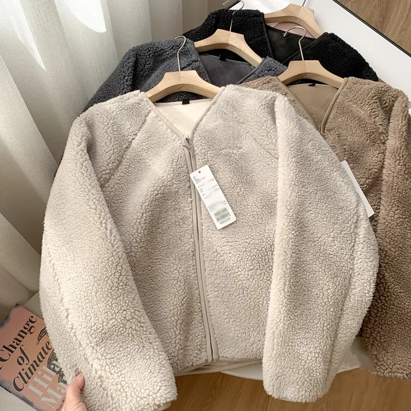 Mens Jacket Autumn/Winter Soft Sherpa V-neck Zipper Warm Polar Wool Short Sleeve Womens Long Sleeve Solid Color Top 241007