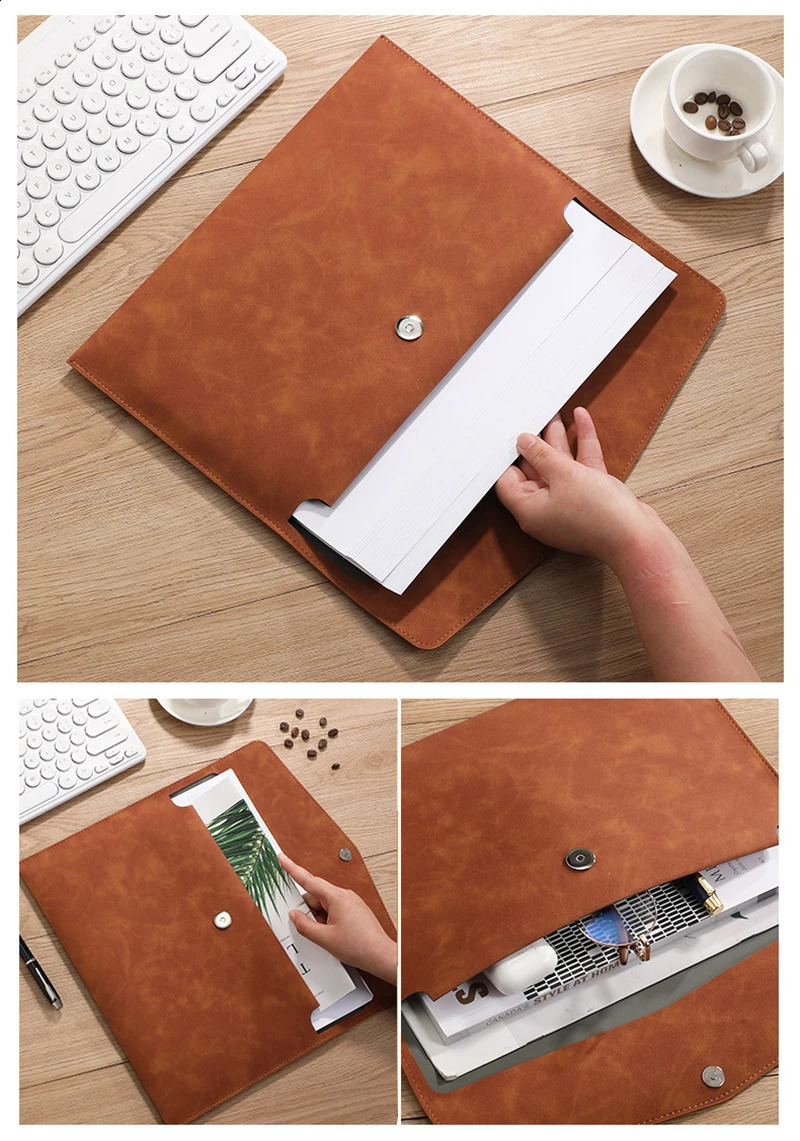 Leather File Folder Simple Large Capacity Document Bag Fashion Briefcase Data Contract Bill Office Paper Organizer 241019