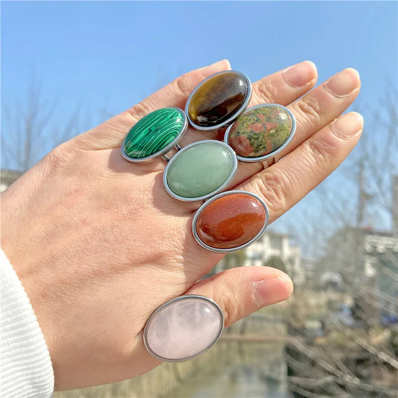 Natural Stone Ring for Women Vintage Silver Color Aventurine Rings Big Cabochon Open Adjustable Men Female Jewelry 241010