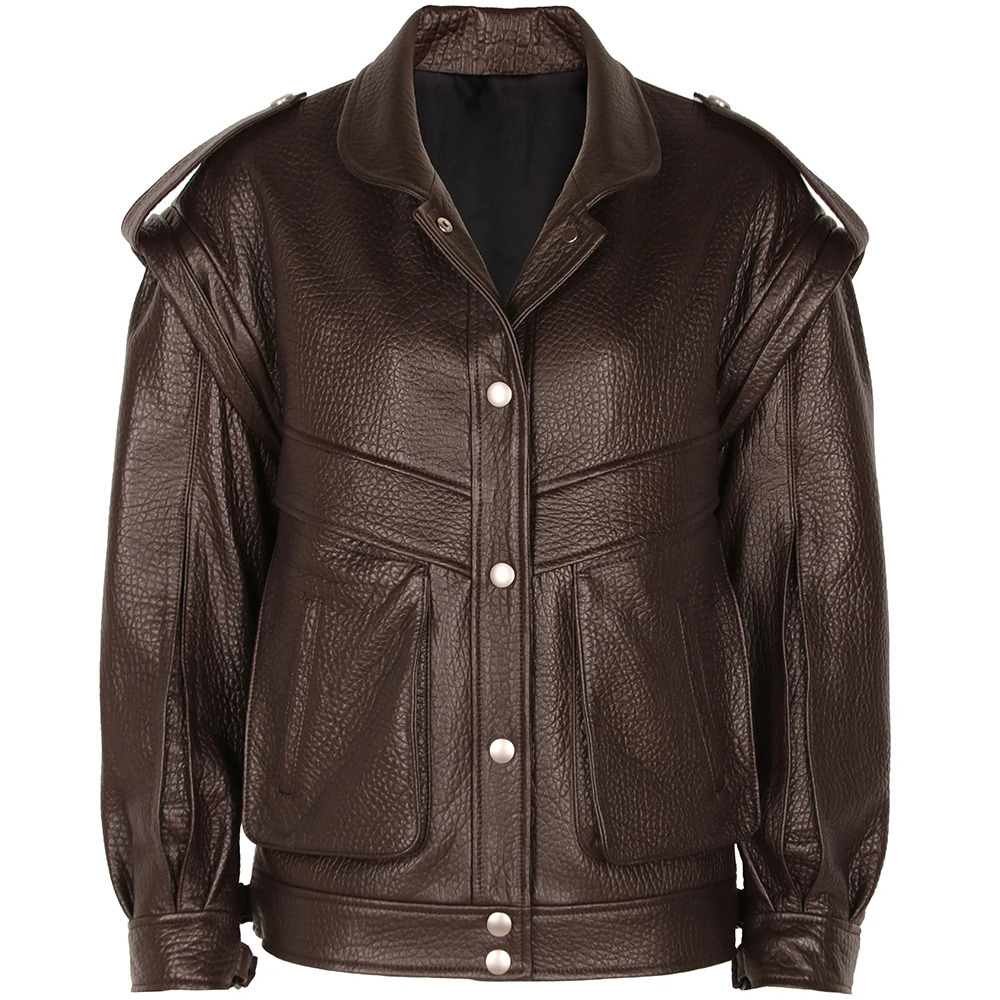 YOLOAgain Womens High Quality Genuine Leather Jacket Extra Large Dark Brown Grain Leather Jacket 241019