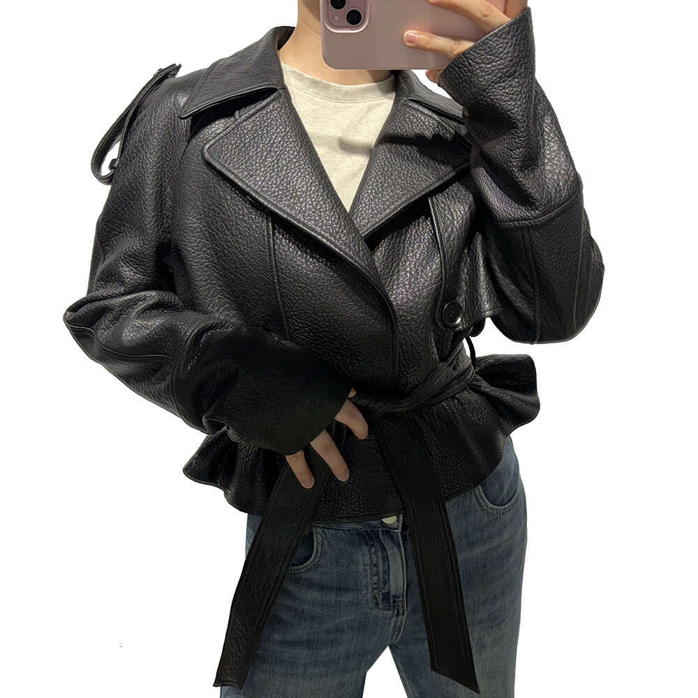 Yoloagain Women's Real Leather Jacket With Belt Oversized Sheepskin Coat 2024 Autumn Outerwear