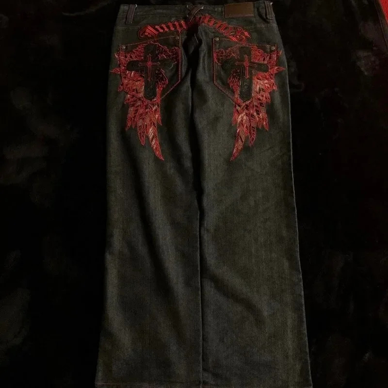 2000s American retro street fashion casual pants cross Gothic embroidery dark red pattern y2k high waisted jeans mens wear 241019