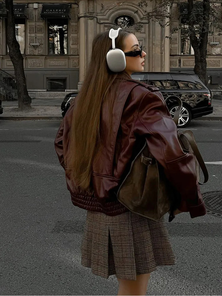 Fashion Burgundy Leather Collar Zipper Jacket Womens Fashion Long Sleeve Pocket Short Sleeve Jacket Womens Autumn Casual Street Jacket 241019