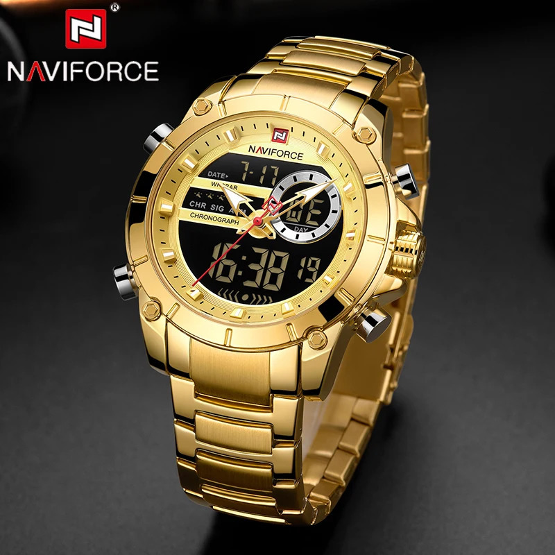 NAVIFORCE Top Quartz Watch for Mens Business Steel Waterproof Sports Dual Display Military LED Digital Watch 241019