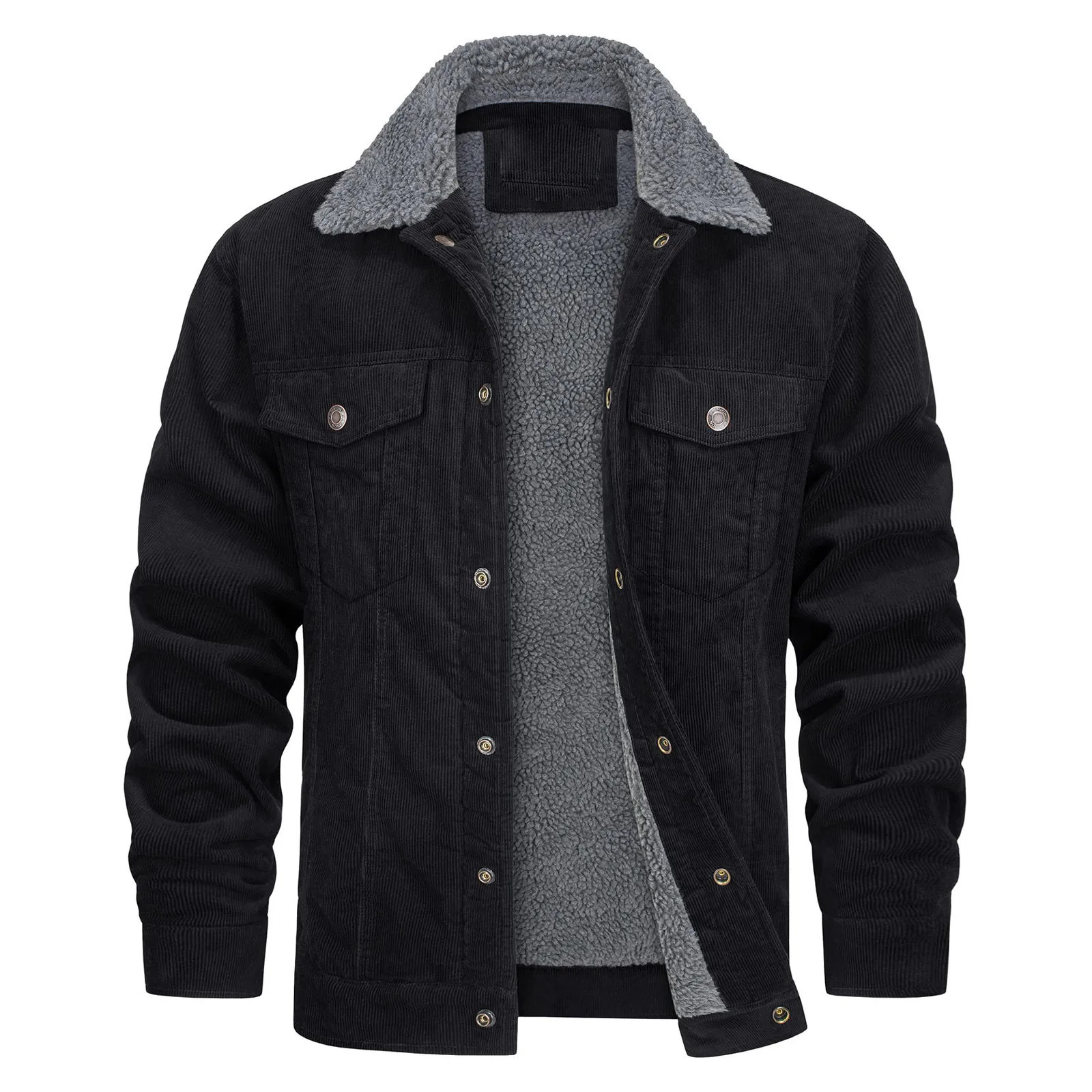 Thick wool lined mens denim jacket with Sherpa lining winter jacket with lapel fashionable solid color multi pocket jacket 241007