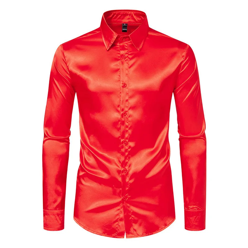Wxw4756 Spring and Autumn Mens Dress Long Sleeve Solid Color Street Clothing Hip Hop Shirt Collar Satin Shirt Regular Fit 241007