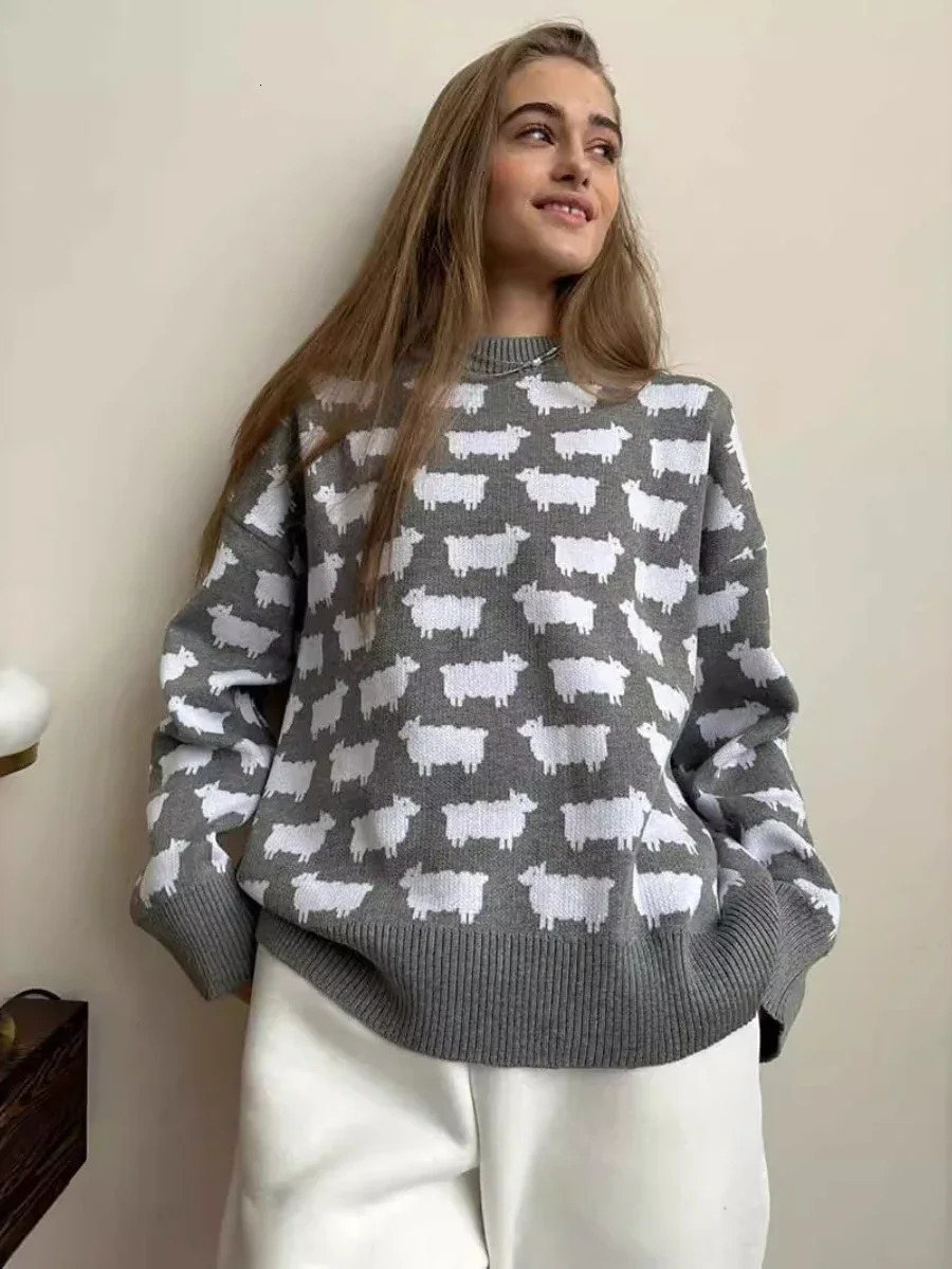 Bornladies Oneck Alpaca Printed Sweater Womens Loose Casual Mid Length Retro Autumn Winter Warm Pullover Top 241009