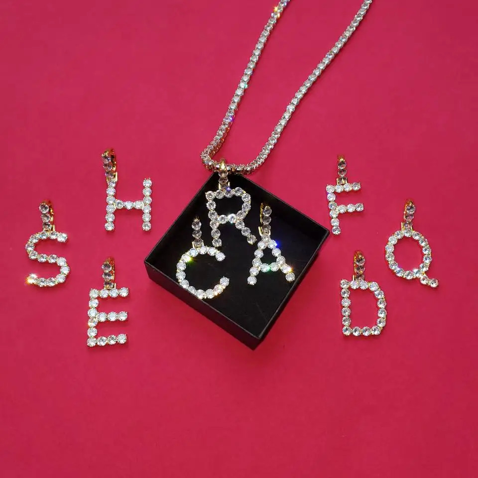 Single Zircon Tennis Letters Necklaces Pendant Charm For Men/Women Gold Color Hip Hop Jewelry with Tennis Chain 241019