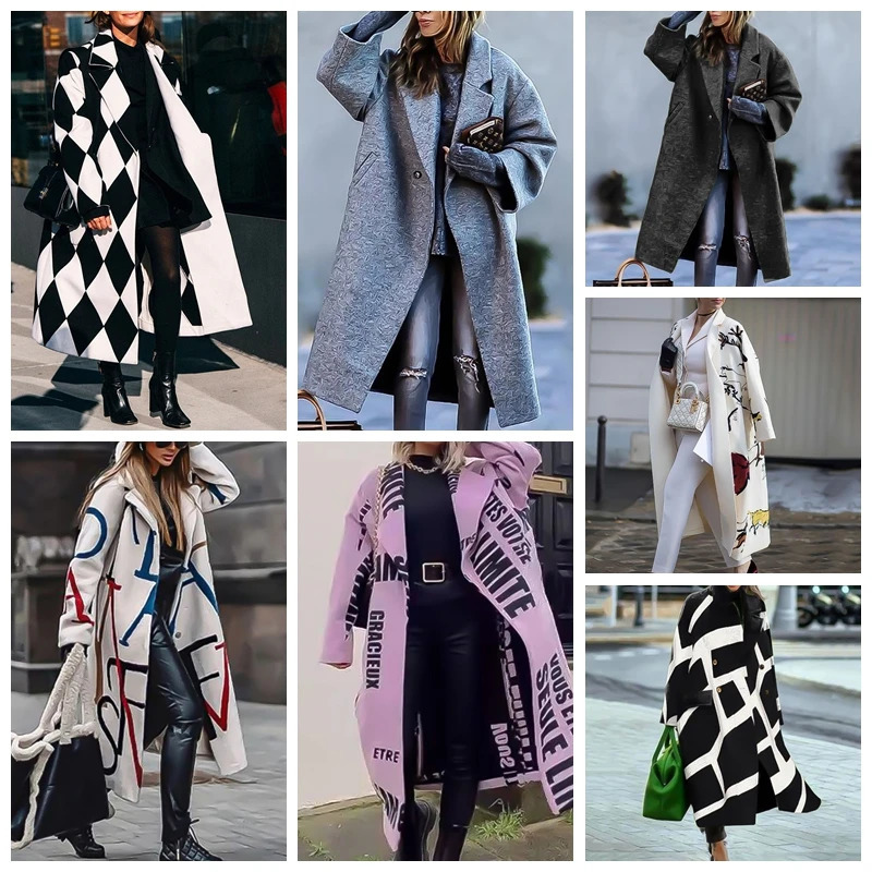 Fashion autumn and winter womens clothing button windproof machine plaid long sleeved lapel jacket printed wool coat 241019