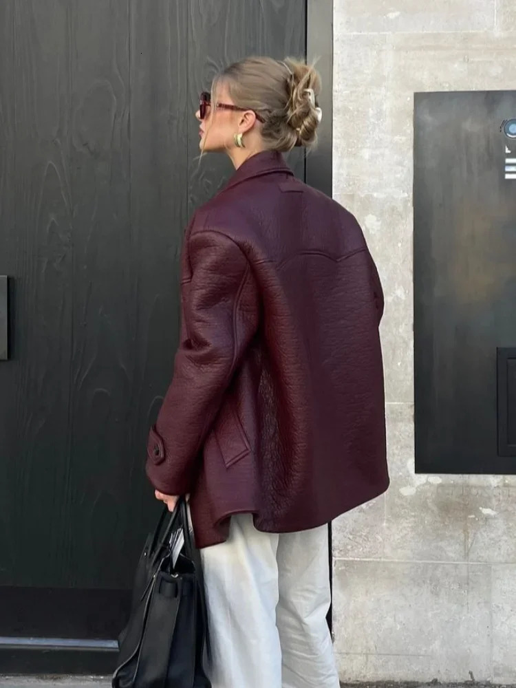 Fashion Burgundy Leahy Leather Jacket Womens Double Collar Shoulder Cushion Coat Womens Fashion Street Coat 241019