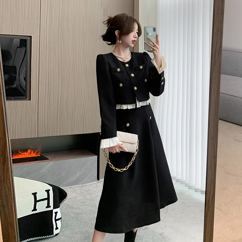 Elegant ruffled coarse woolen jacketone long skirt 2-piece set for womens autumn and winter dress fashion er party set 241019