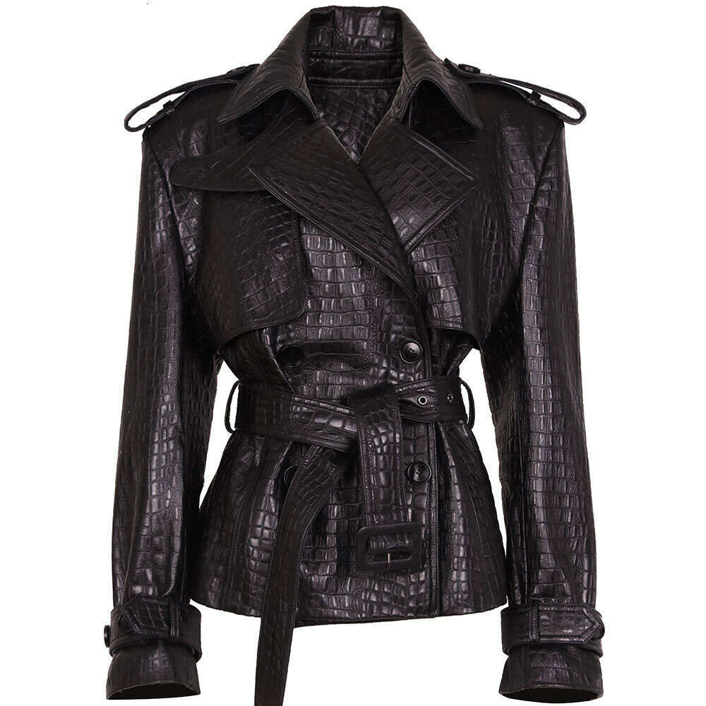 Yoloagain Double Breasted Croc Pattern Women 2023 Autumn New Genuine Leather Jacket Ladies