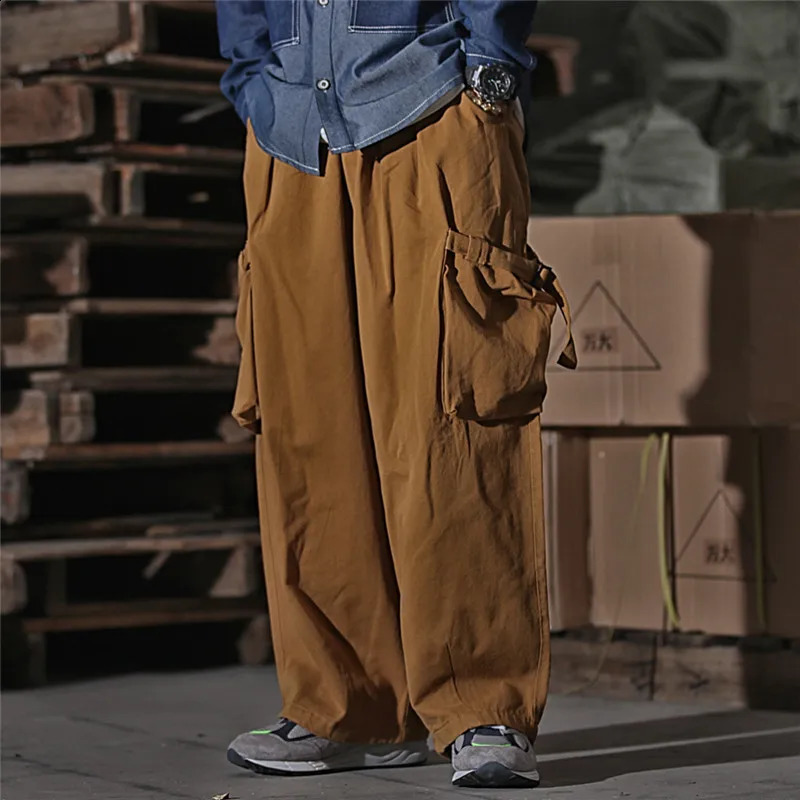 Multi Pocket Cargo Pants Mens Work Pants Safari Style Casual Wide Leg Pants Men Solid Color Baggy Trousers 241010