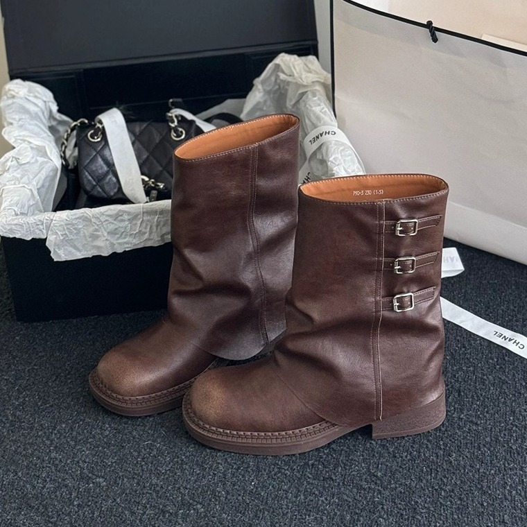 Women Fashion Winter Boots Trendy Wear Soft Leather Vintage Design Casual Style Versatile Chunky Heel Triple Black Brown fashion