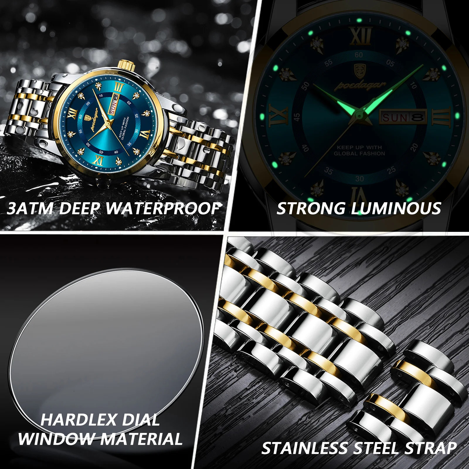 Poedagar mens watch elegant date week waterproof luminous mens watch quartz stainless steel sports mens watch reloj 241019