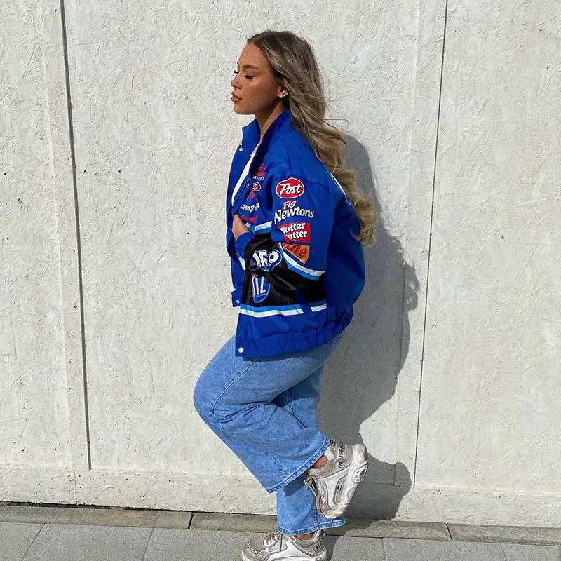 Womens fashionable bagged jacket spring and autumn baseball casual jacket unisex couple patch work hip-hop oversized bomber jacket 241019