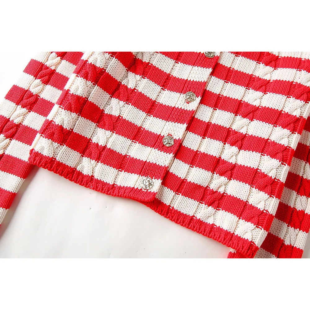 Aoaiys Knitted Open Knitted Womens Sweater Collar Autumn Winter Striped Coat Fashion Long Sleeve Single Chest 241019