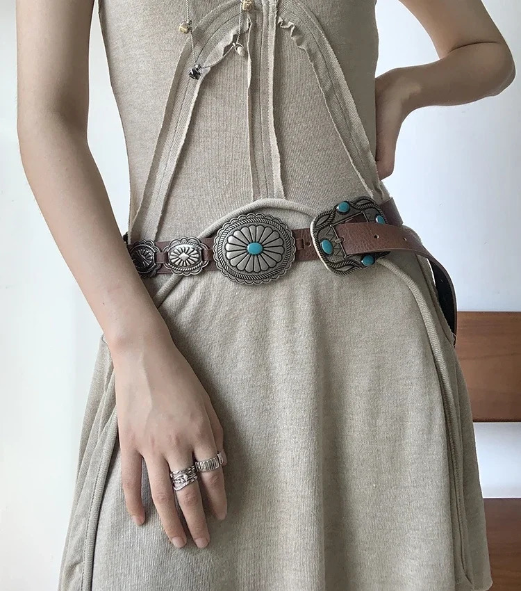 Womens Y2K Western Cowboy Girl Bohomia Waist Chain Cummerbundle Buckle 241019