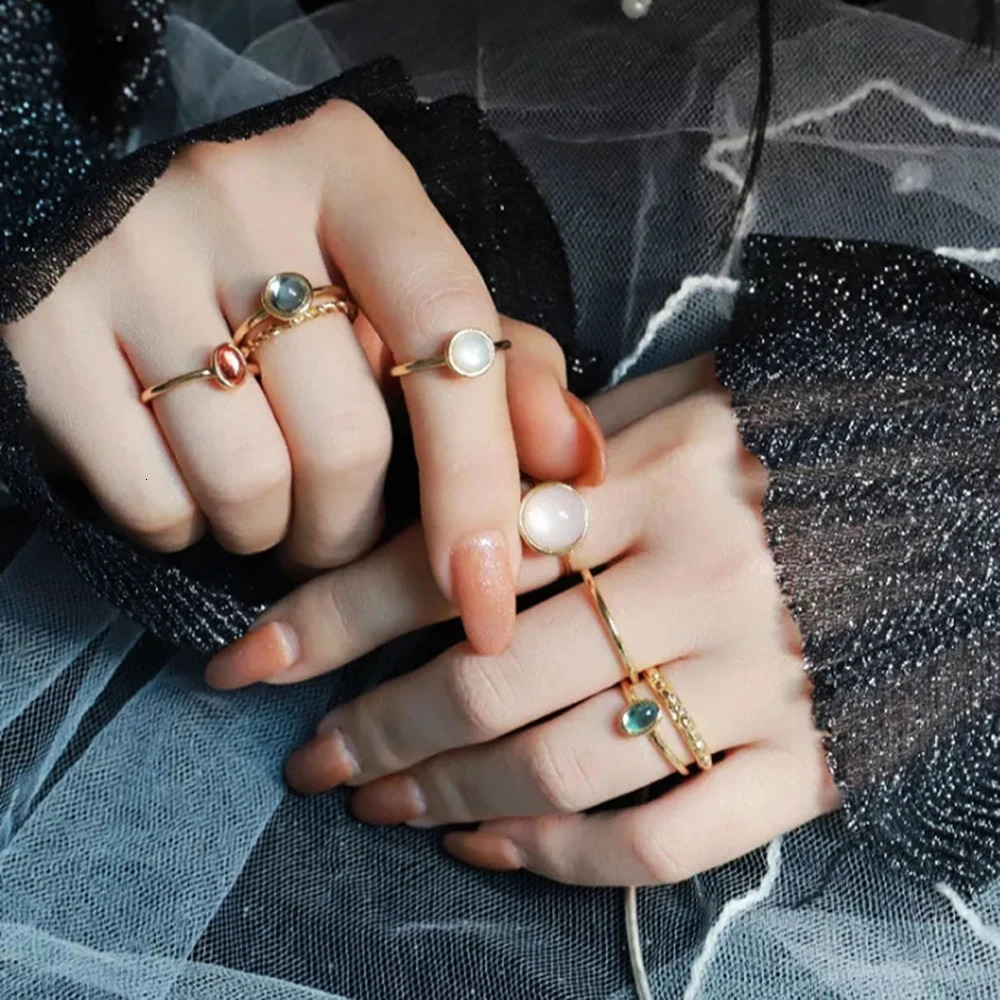 Vintage Colorful Crystal Stone Rings Set for Women Trendy Gold Silver Color Glazed Ring Geometric Resin Party Jewelry 241010