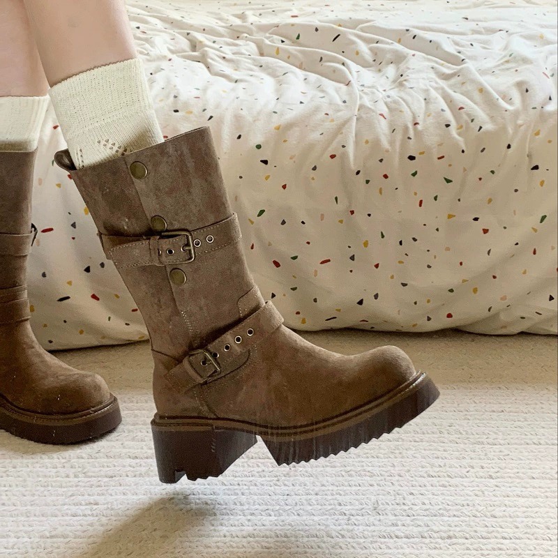 Suede High Boots Chunky Heel 2024 Winter Wear | Triple Black, Khaki 59dc