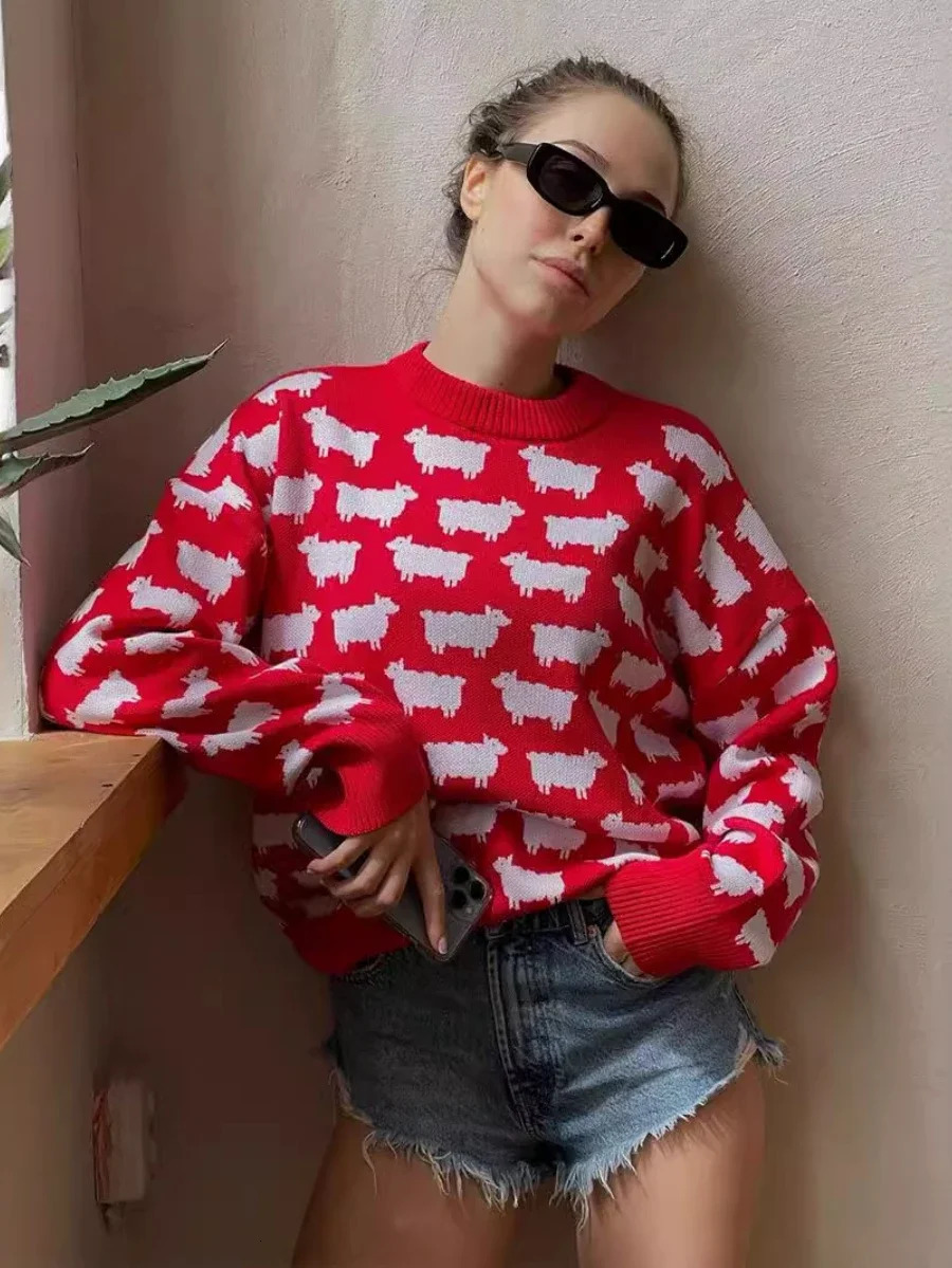 Bornladies Oneck Alpaca Printed Sweater Womens Loose Casual Mid Length Retro Autumn Winter Warm Pullover Top 241009