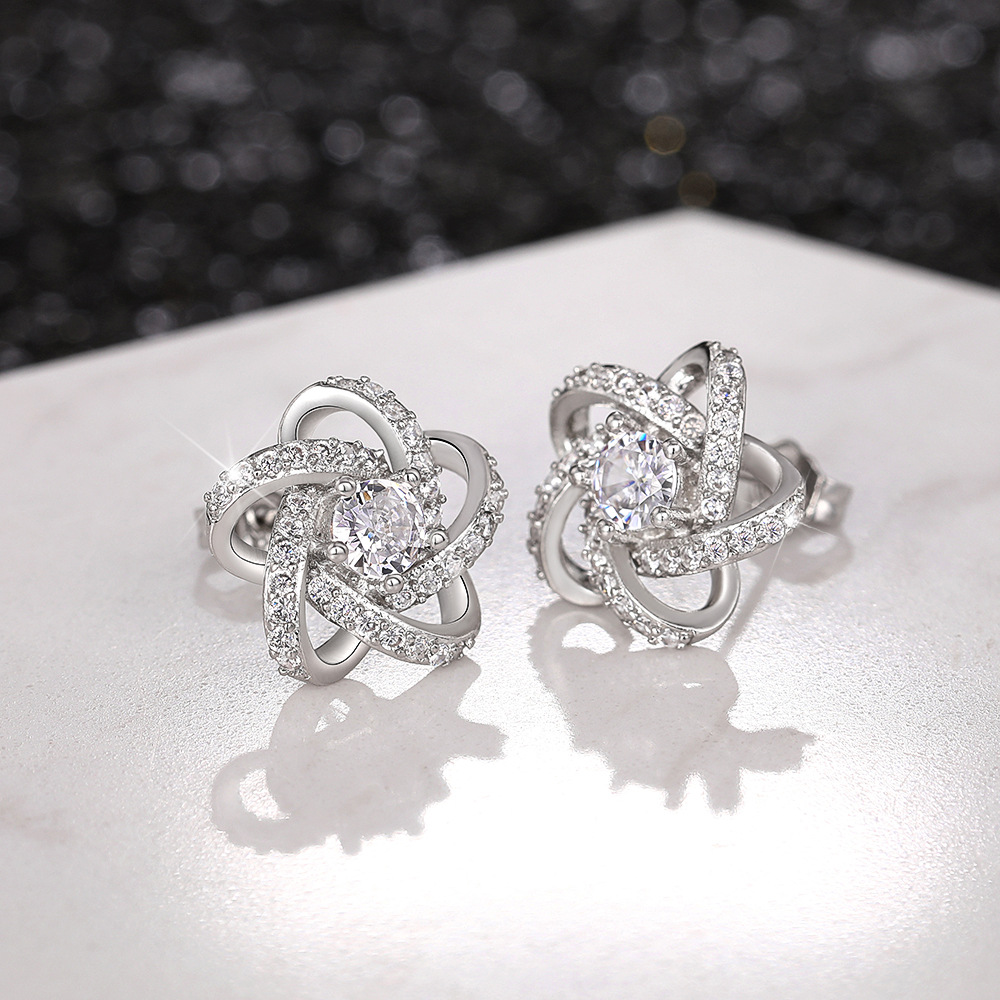 Classic Cross Pentagram Diamond Earrings Women's 925 Sterling Silver Flower Hollow Wrap Crystal Stud Designer White Gold Stud Earrings Wedding Je