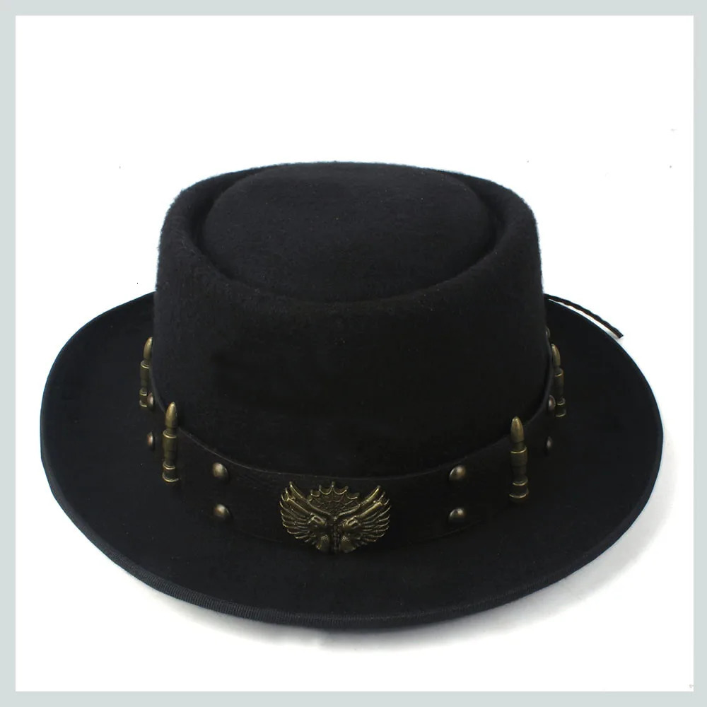 Pork Pie Hat for Men with Punk Belt Fashion Wool Fedora Trilby Fasciator Hat Pop Church Hat Size 58CM 241019
