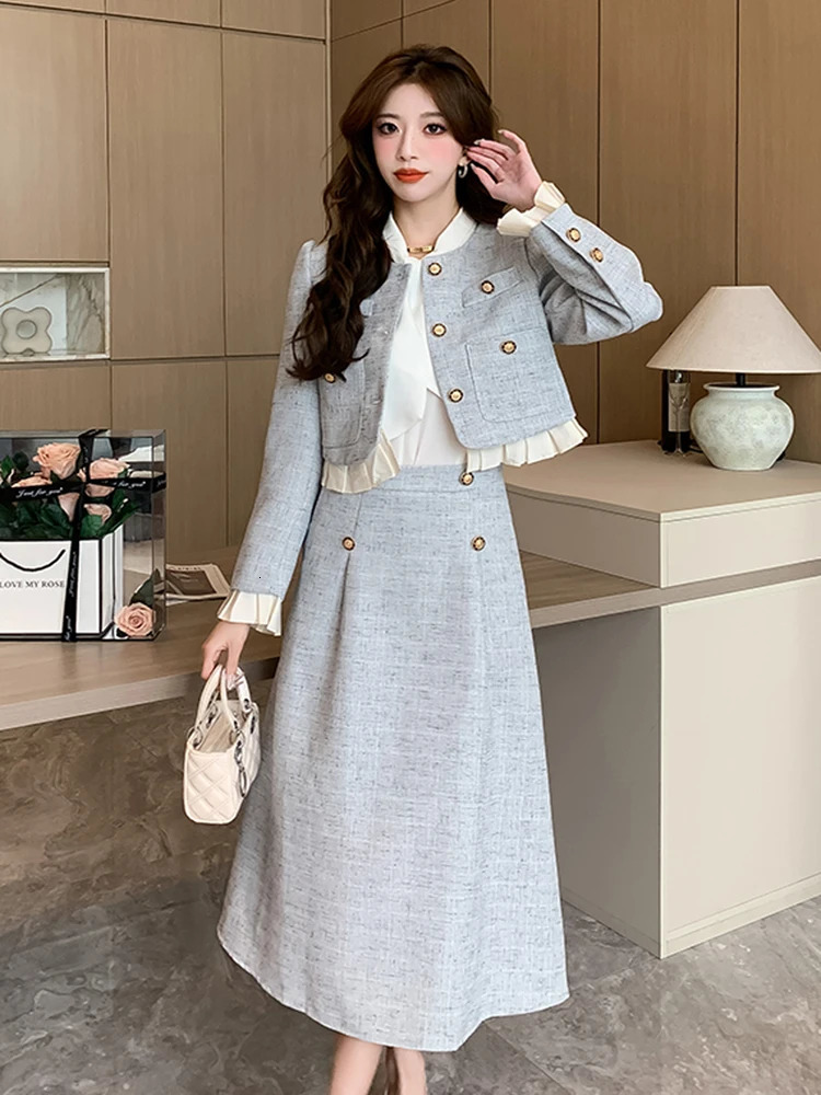 Elegant ruffled coarse woolen jacketone long skirt 2-piece set for womens autumn and winter dress fashion er party set 241019