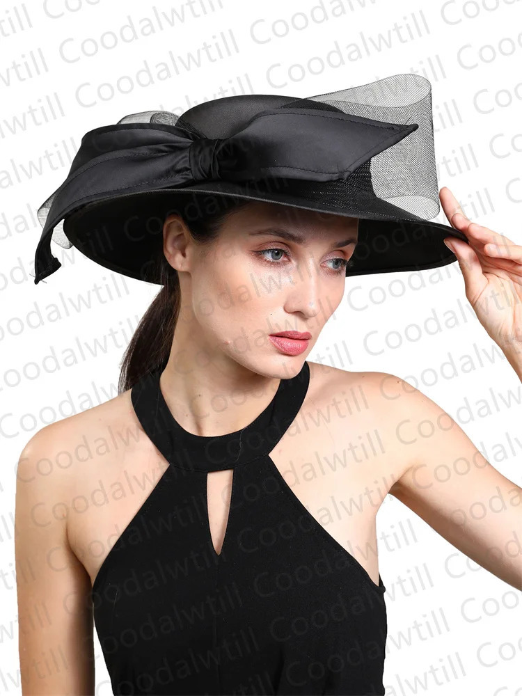 Womens Chruch Satin Fedora Hat Womens Elegant Wedding Fascinator Bow Party Chapeau Womens Retro Chapeu Marca de Luxo 241019