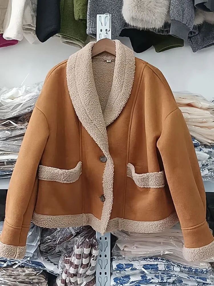 Winter womens suede sheepskin coat womens warm coat sheepskin loose casual Korean fashion chic coat 241007