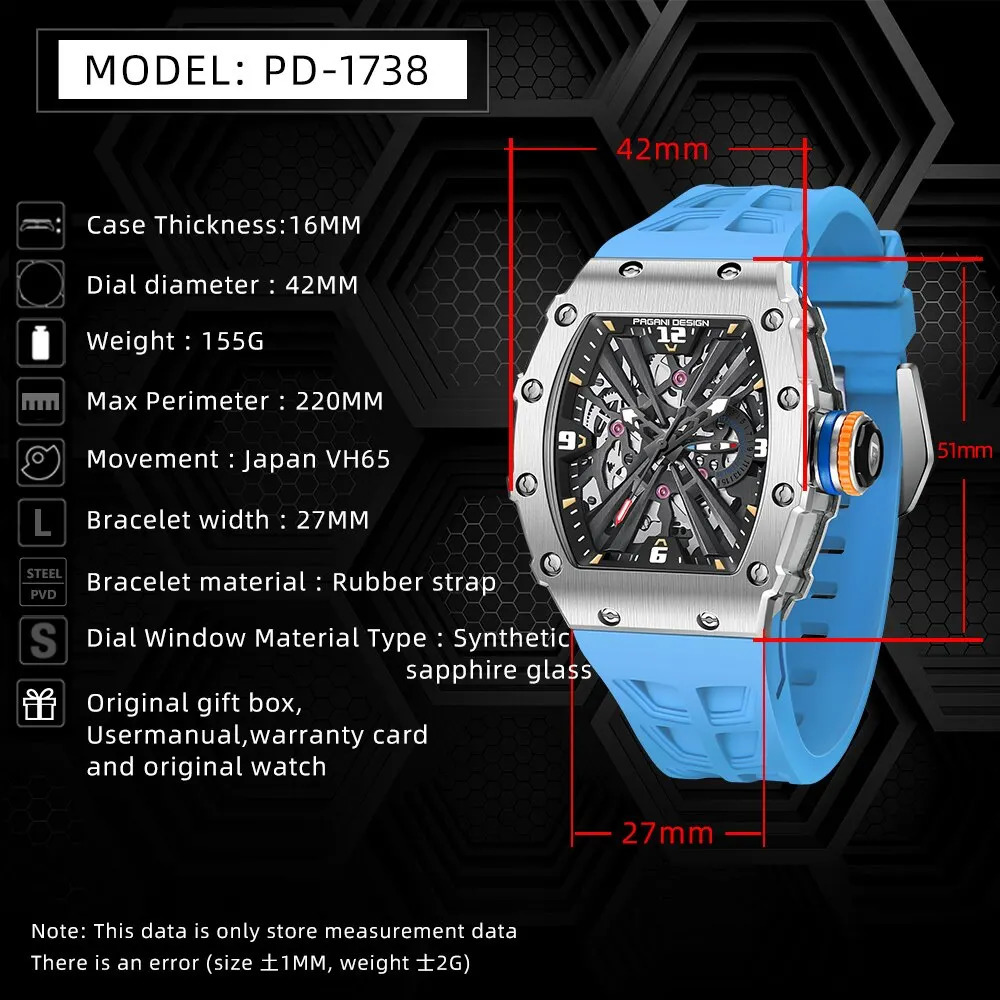 PAGANI Mens Quartz Watch VH65 Movt Skeleton Dial 100M Waterproof Sports Rectangular Sapphire Mens Glass Watch 241019