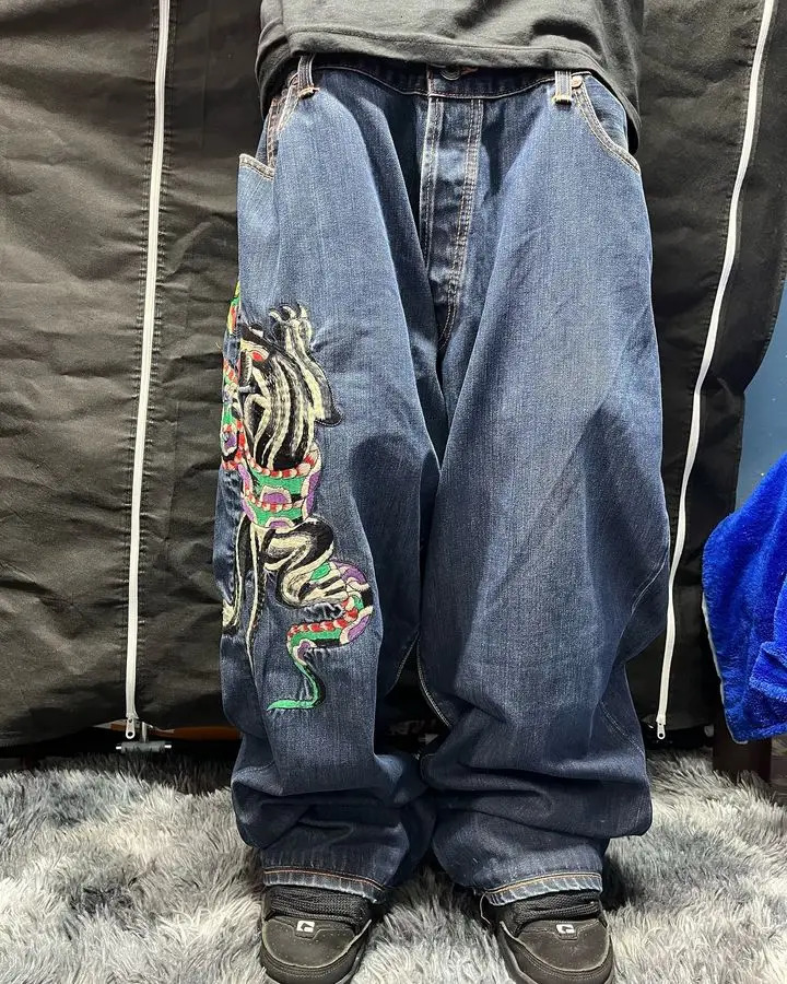 Y2K Harajuku Hip Hop Rock Graphic Print Retro Blue Pocket Jeans Womens Low Waist Wide Leg Trousers 241019