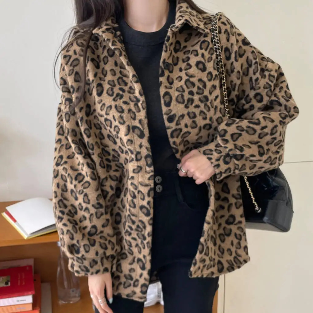 Autumn and winter womens brown leopard print jacket retro casual wool coat Korean single chest warm thick coat Harajuku 241019